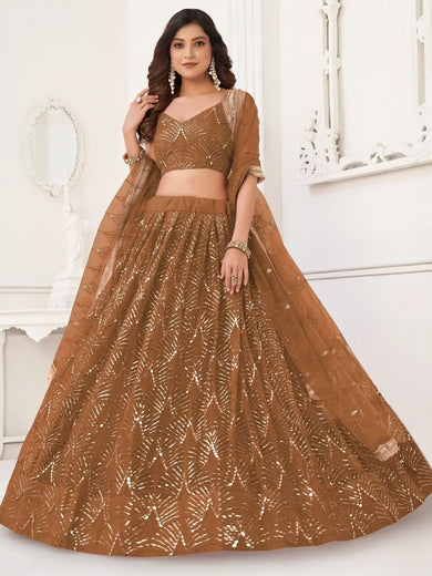 Astonishing Brown Sequins Net Bridesmaid Lehenga Choli With Dupatta - Ethnic Plus In